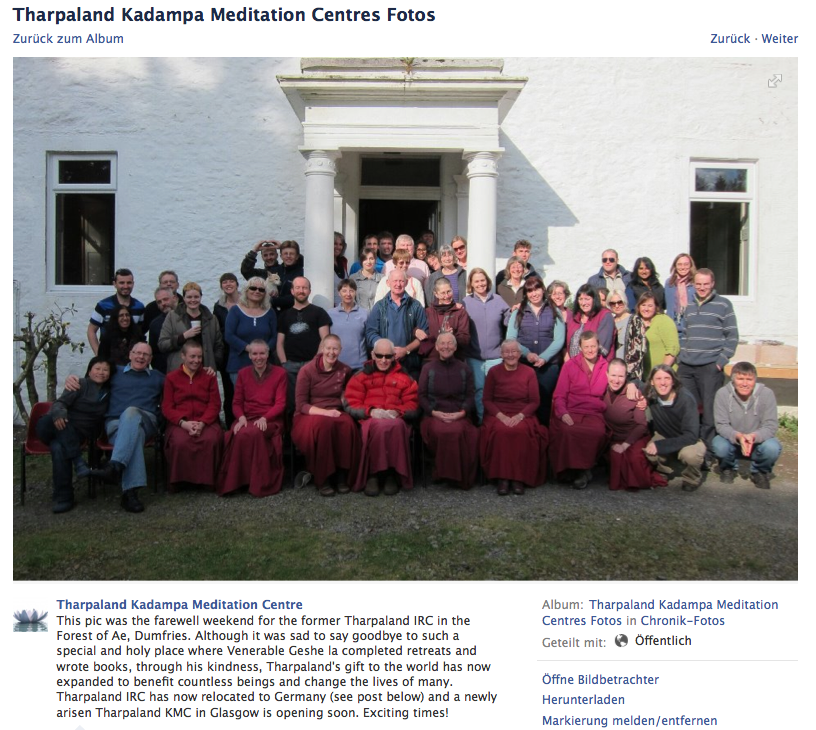 The 'farewell photo' from the facebook page of Tharpaland Kadampa Meditation Centre shows only 1 monk and 8 nuns … where are the other monks? All together there are about 48 persons on the image. The centre is rather small.