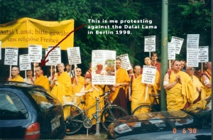 Me (Kelsang Tashi at that time) protesting against the Dalai Lama with the New Kadampa Tradition under the front group Shugden Supporters Community (SSC) in Berlin, Tempodrom, 6. August 1998.